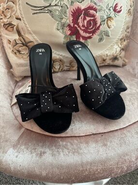 ZARA Black Bow Mule Heels with Crystal Studs